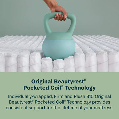 Person holding a light blue kettlebell on a mattress with text about Beautyrest Pocketed Coil Technology.