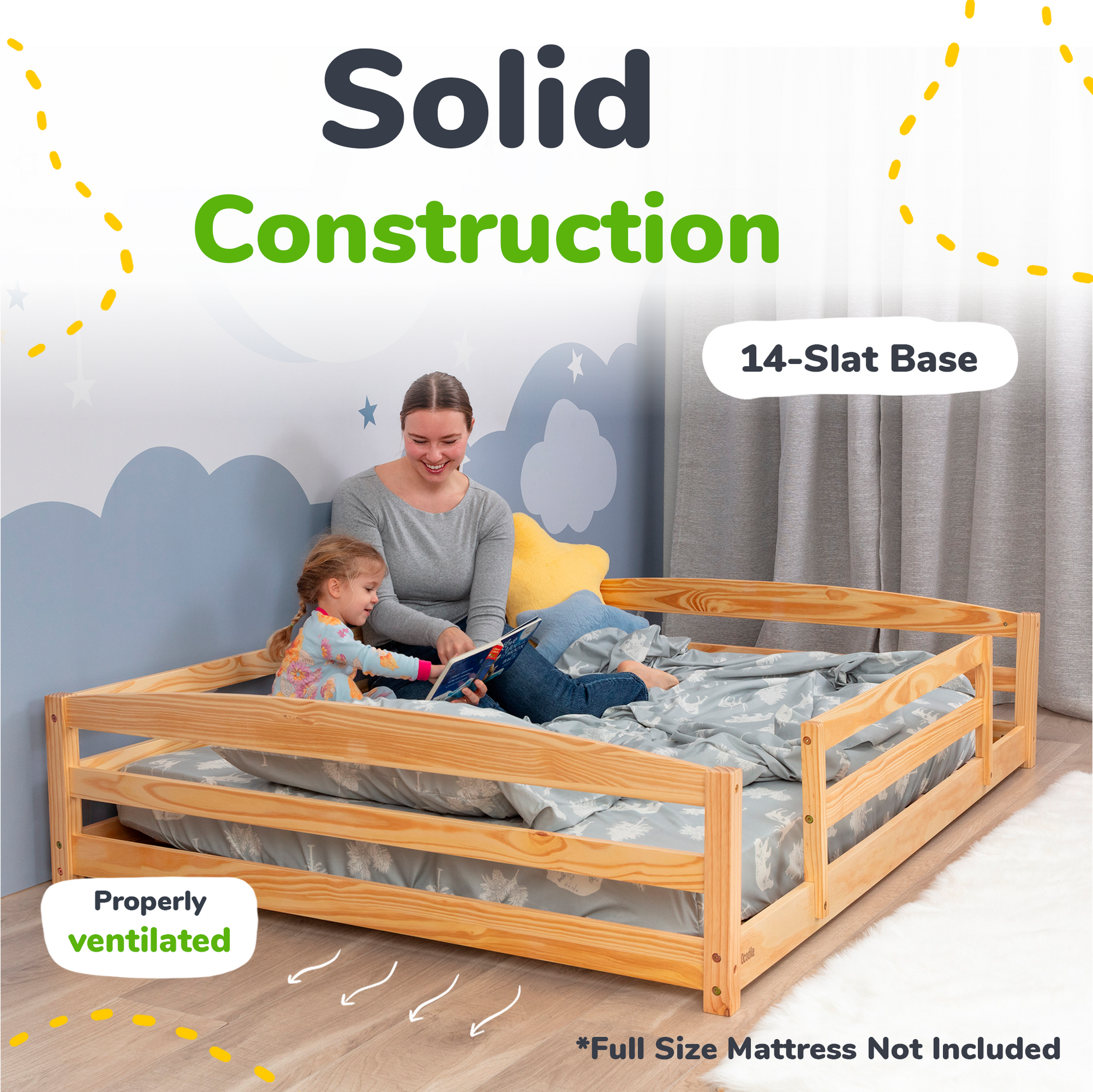 Woman and child reading in a wooden bed with text highlighting construction quality and ventilation.
