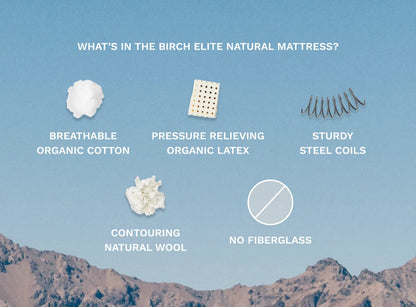 Birch Elite Natural Mattress components with a mountain background