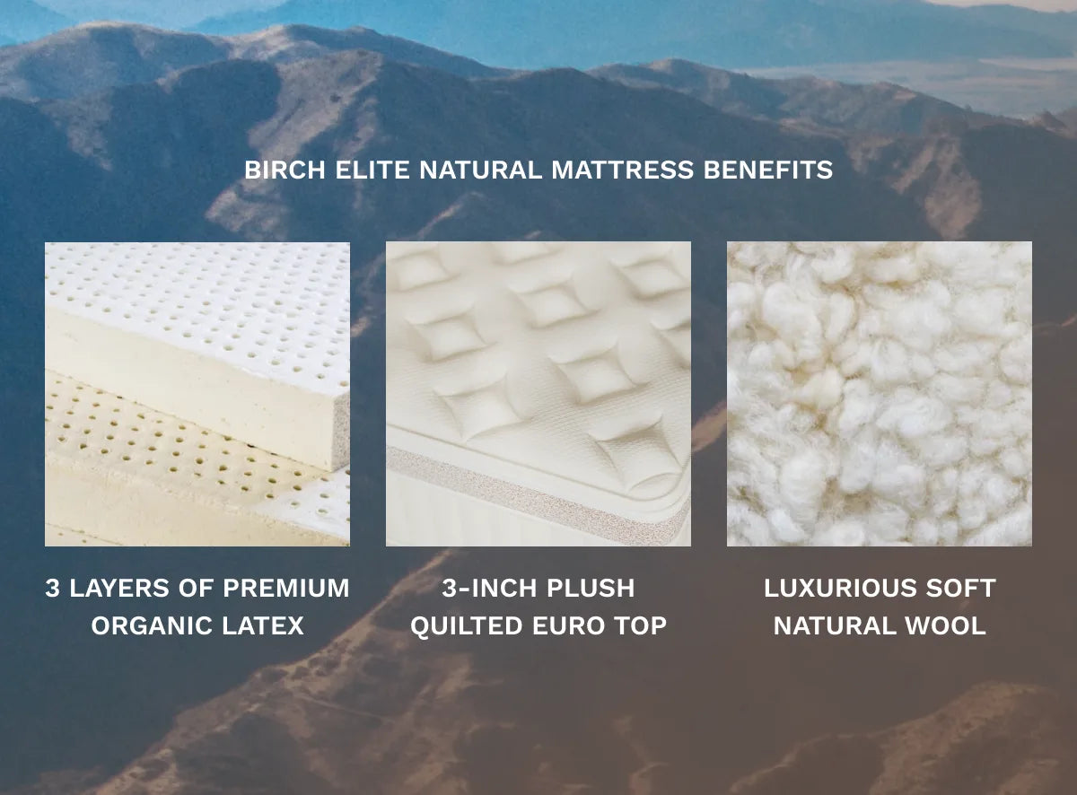 Birch Elite Natural Mattress Benefits with images and text overlay against a mountainous background