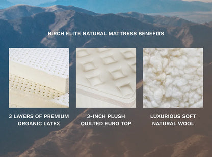 Birch Elite Natural Mattress Benefits with images and text overlay against a mountainous background