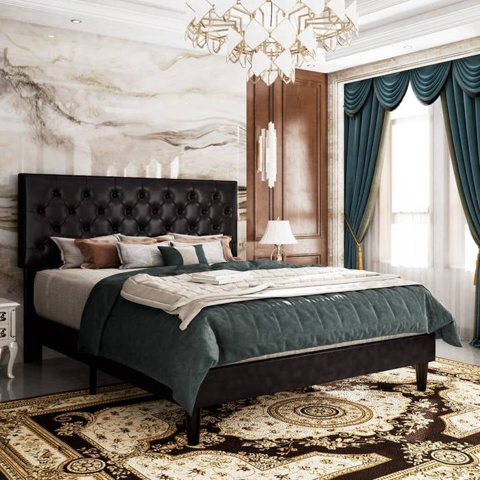King size black faux leather bed frame in luxury bedroom