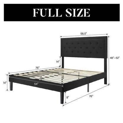 Black full-size bed with dimensions labeled on a white background