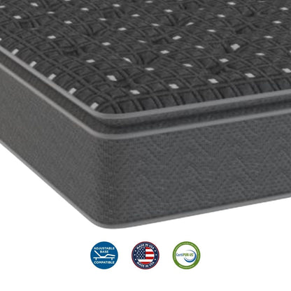 Gray black pillow top mattress with certification logos on a white background