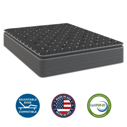 Gray black pillow top Mattress with CertiPUR-US, Made in USA, and Adjustable Base Compatible logos on a white background