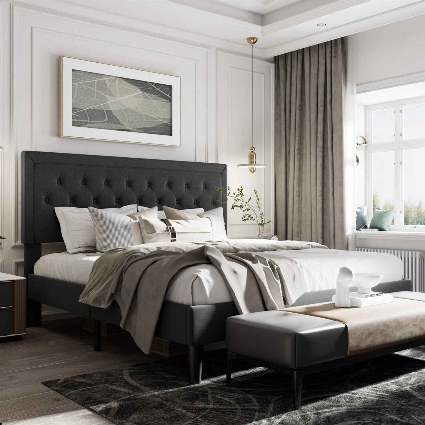 Modern bedroom with a king size black upholstered bed, gray rug, and large window.