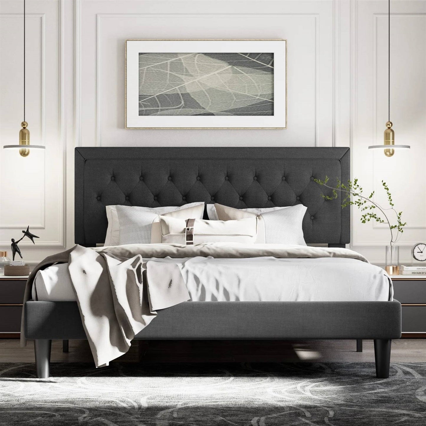 King size black linen upholstered button tufted platform bed frame