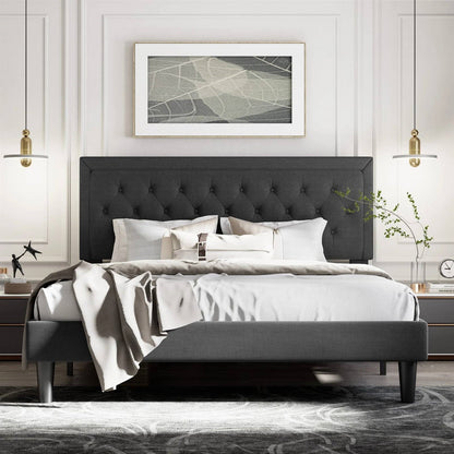 King size black linen upholstered button tufted platform bed frame