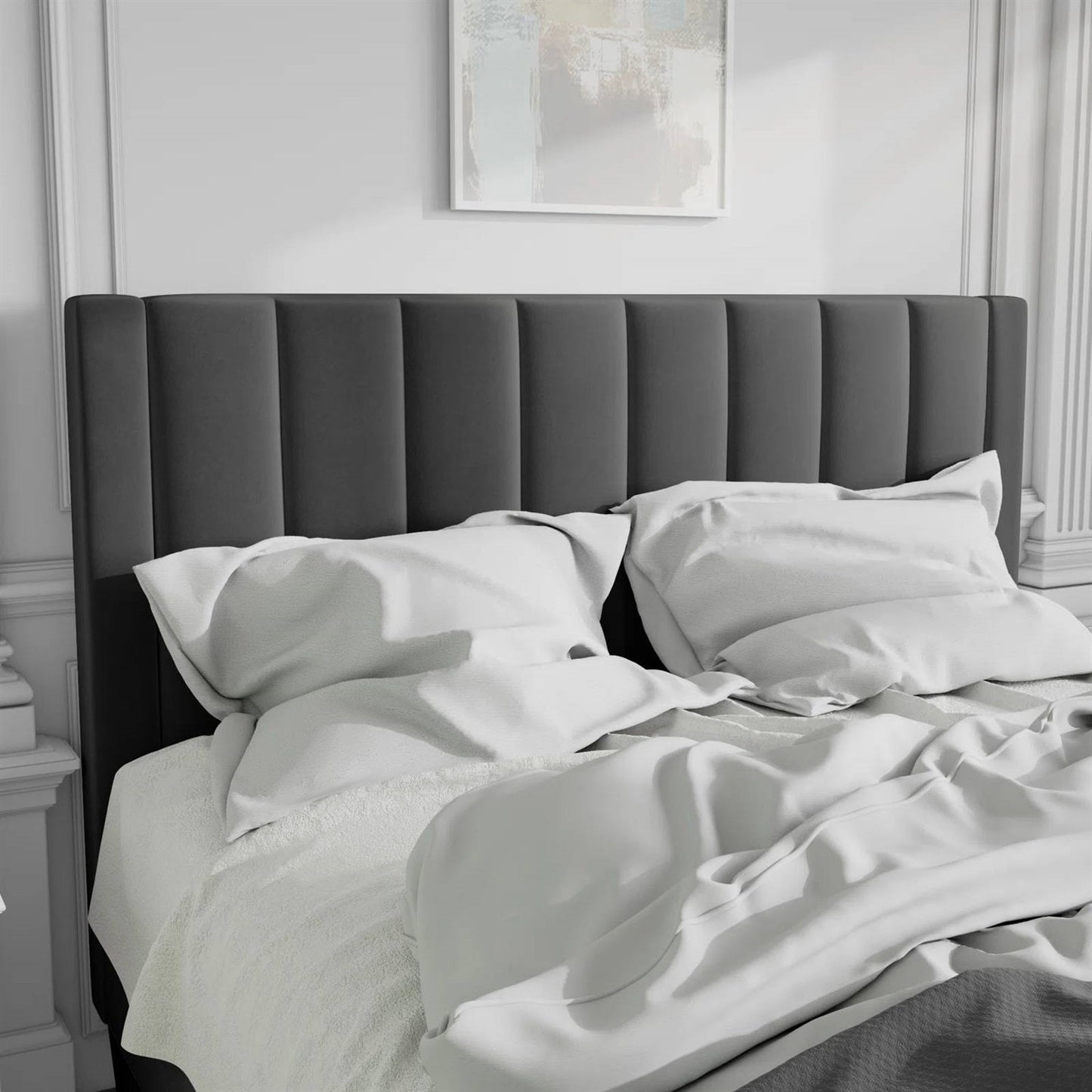 Black velvet full size tu upholstered headboard with white bedding in a luxury modern bedroom setting