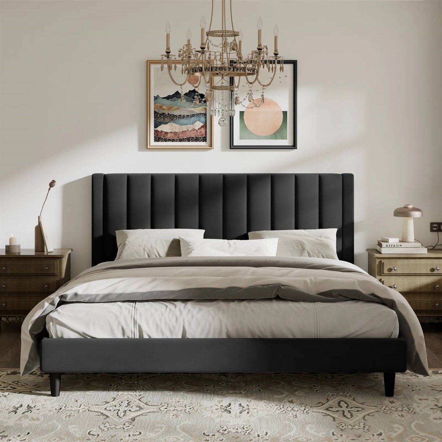 Modern bedroom with a king size black velvet channel tufted upholstered bed, beige bedding, and decorative elements.
