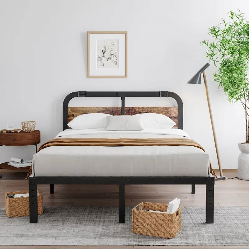 Queen metal bed frame, white bedding, and decorative elements.