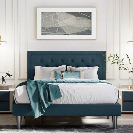 King size blue upholstered tufted bed frame in modern styled bedroom