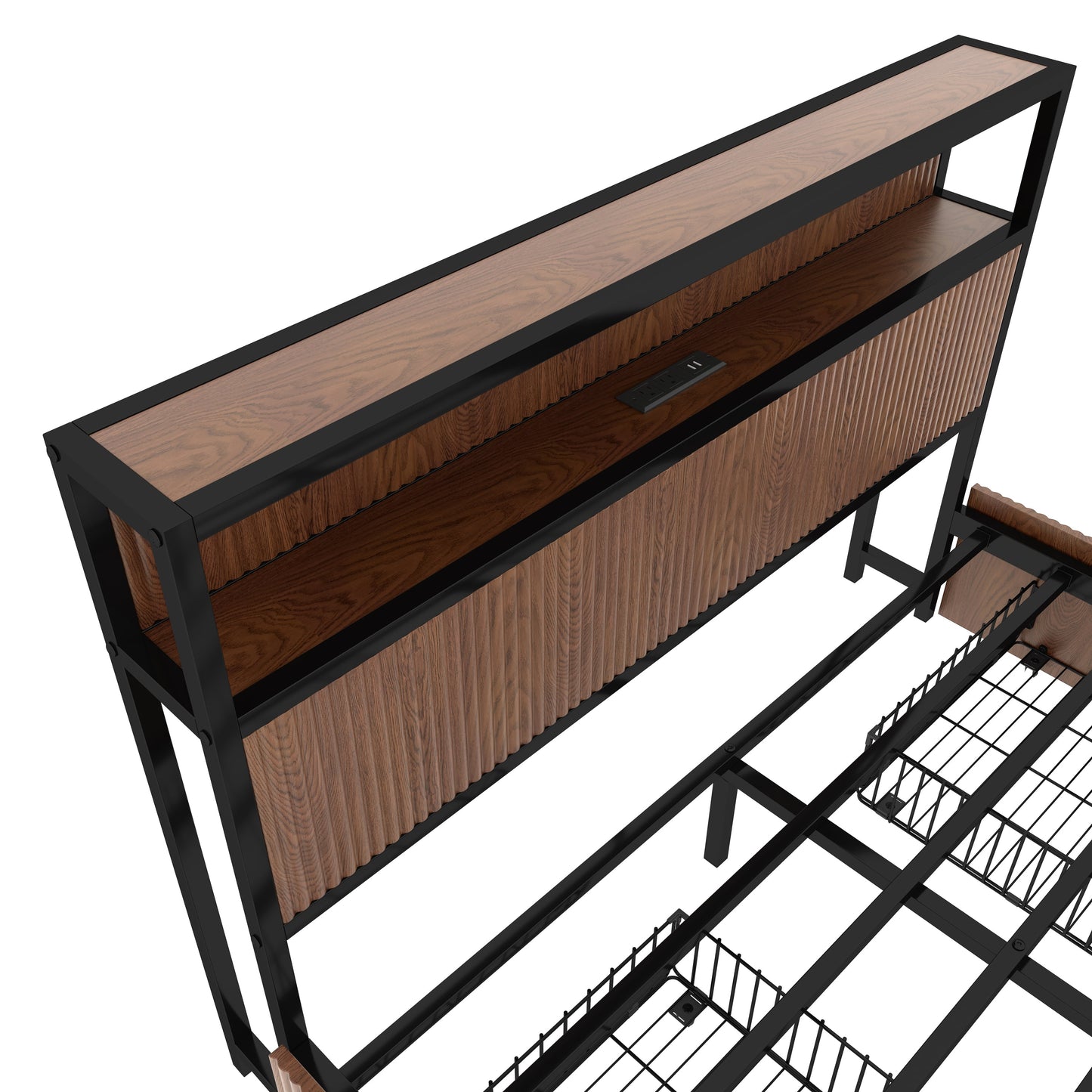 Wooden shelf with black metal frame on a queen size bed