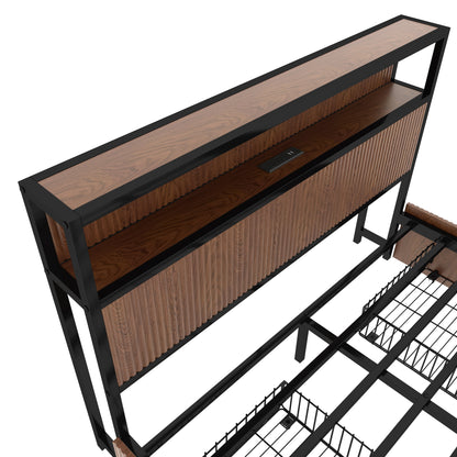 Wooden shelf with black metal frame on a queen size bed