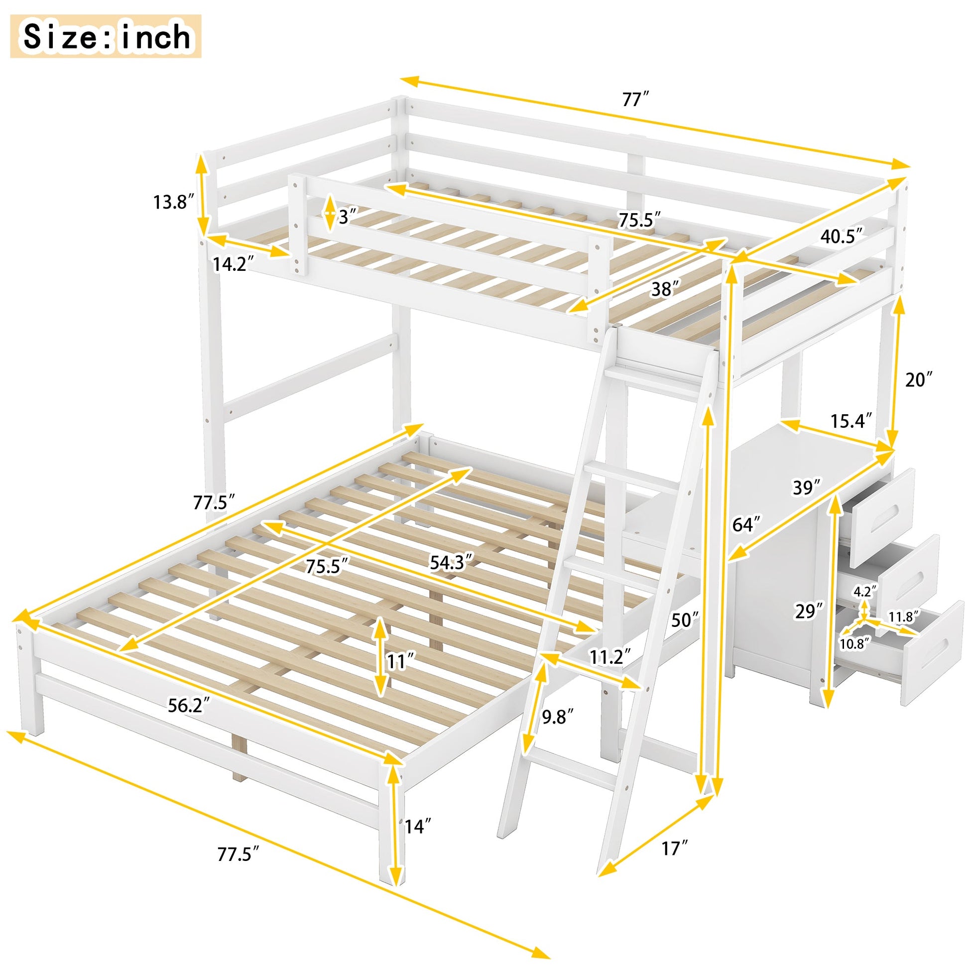 Dimensions of a white twin over full bunk bed with desk