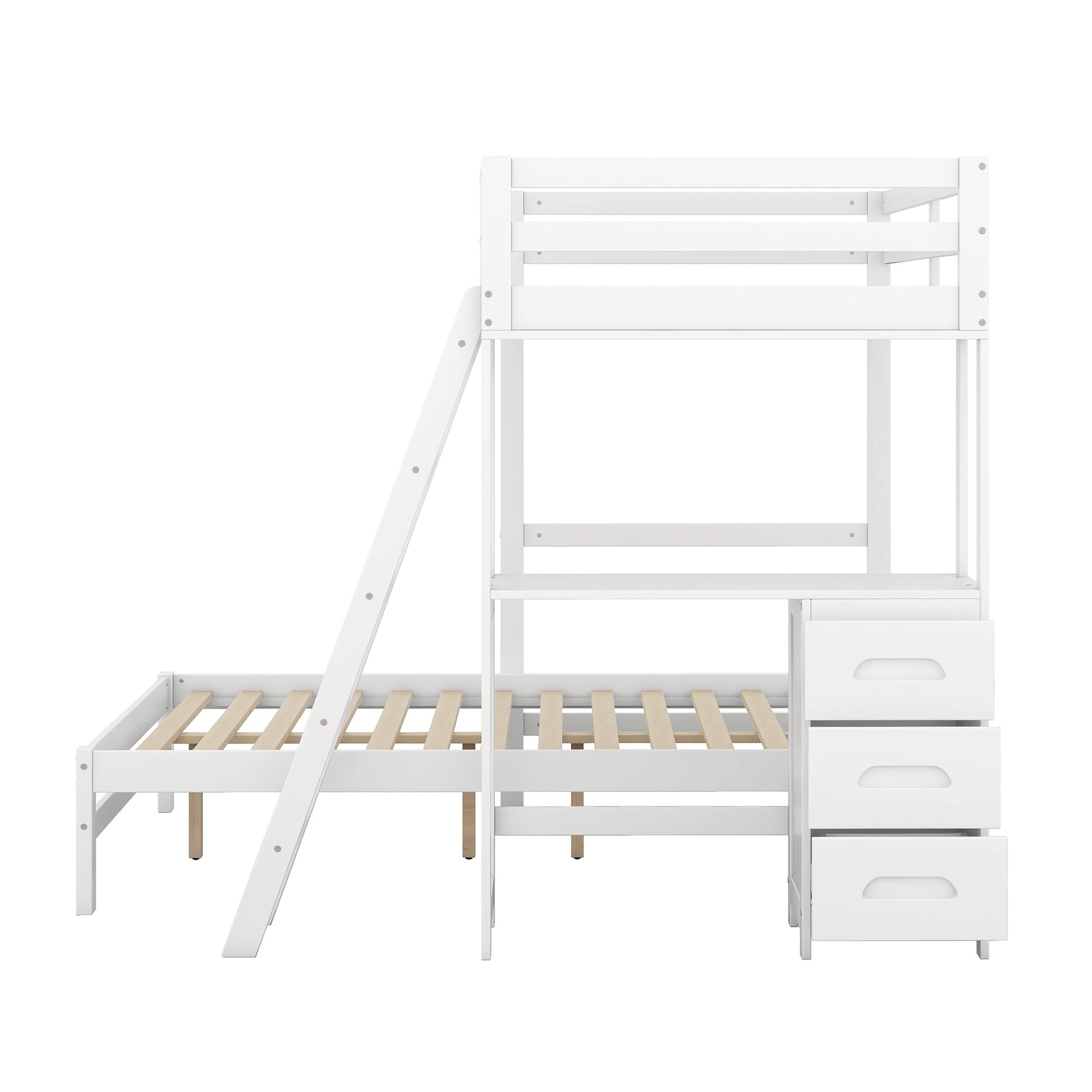 White bunk bed with wooden slats and drawers on a white background