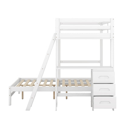 White bunk bed with wooden slats and drawers on a white background