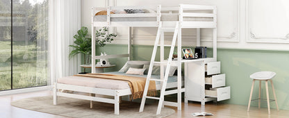 Twin Over Full Bunk Bed with Built-In Desk & Three Drawers in White