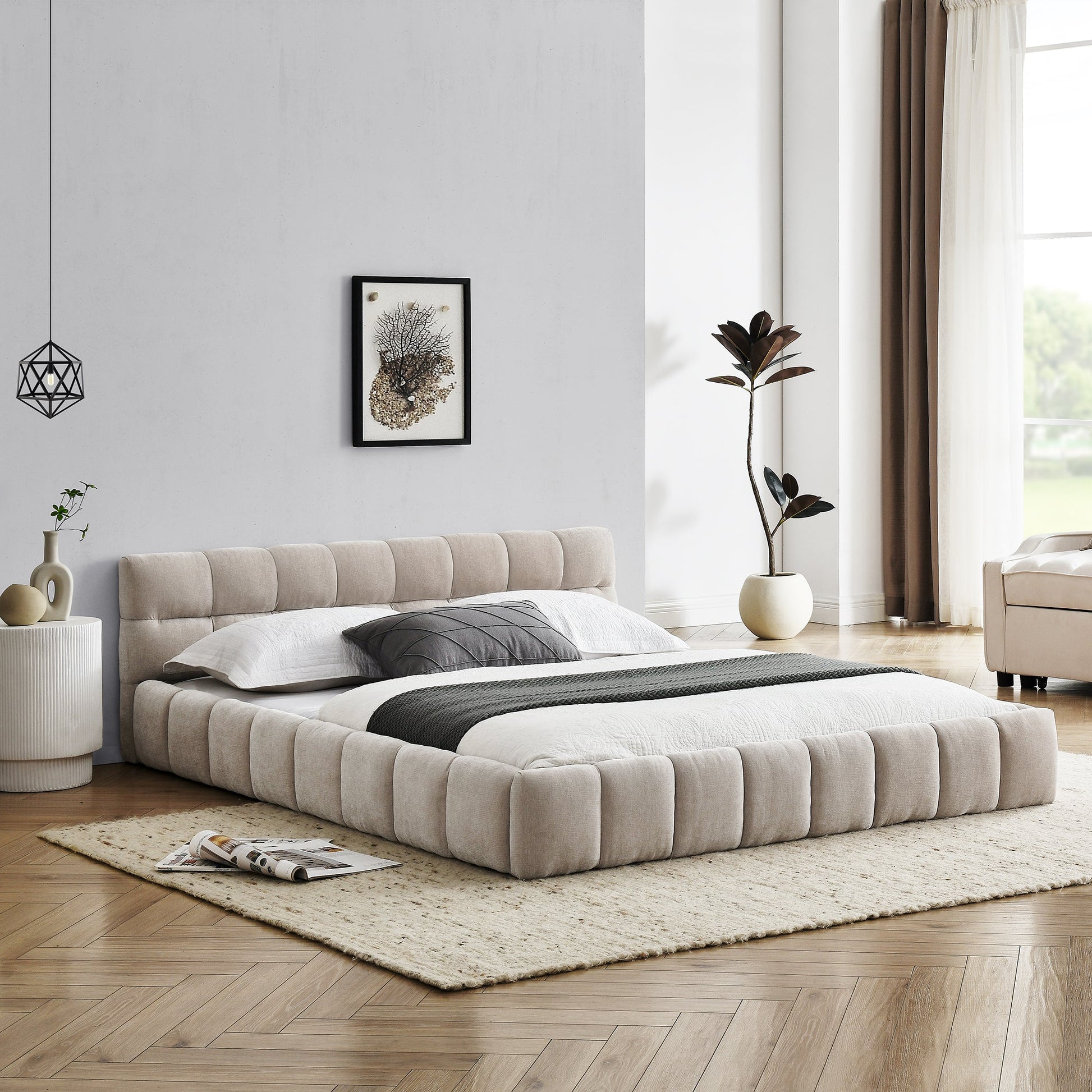 Queen chenille upholstered bed frame in modern elegant bedroom