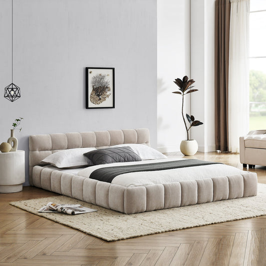 Queen chenille upholstered bed frame in modern elegant bedroom