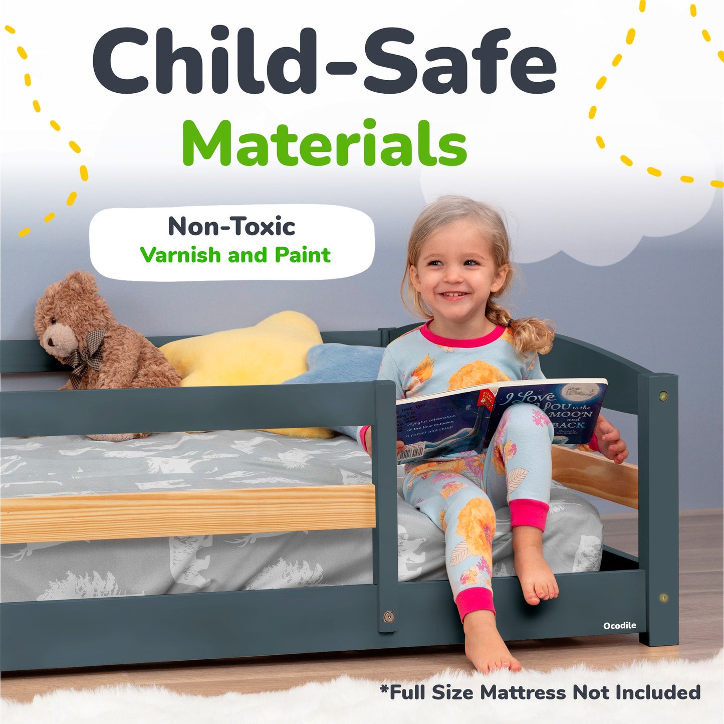 Child reading a book on a bed with 'Child-Safe Materials' text above.