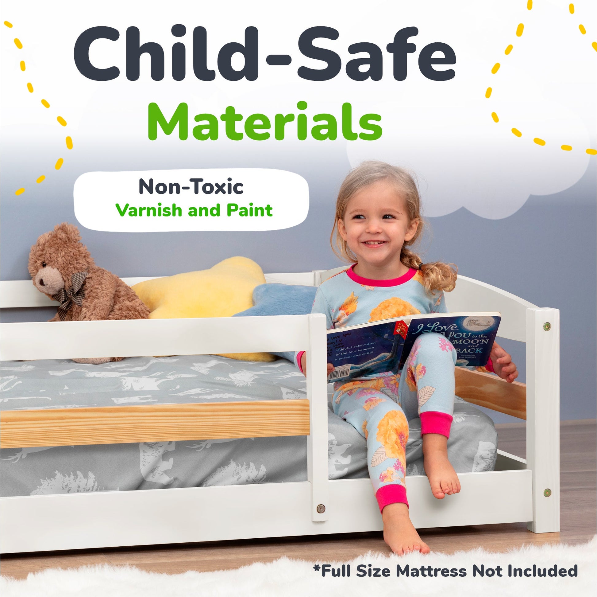 Child reading a book in a bed with child-safe materials and non-toxic varnish and paint.