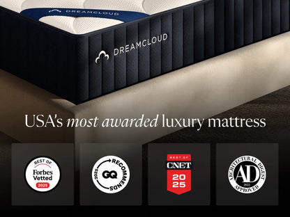 DreamCloud mattress with awards displayed on a dark background