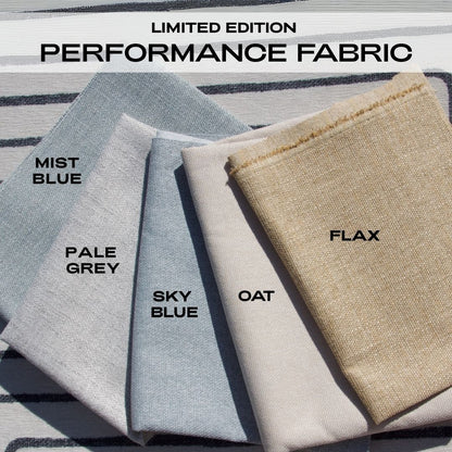 Collection of limited edition performance fabric samples in various colors with labels.