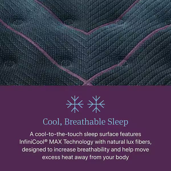 Text about cool, breathable sleep surface with InfiniCool MAX Technology on a purple background
