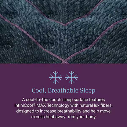 Text about cool, breathable sleep surface with InfiniCool MAX Technology on a purple background