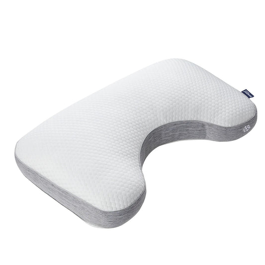 Ergonomic cooling pillow with a brand label on a white background