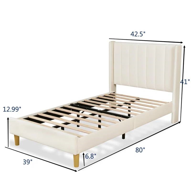 Cream bed frame with dimensions labeled on a white background