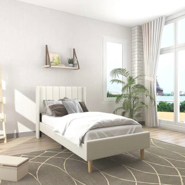 Modern bedroom with a white bed, shelves, and large windows.