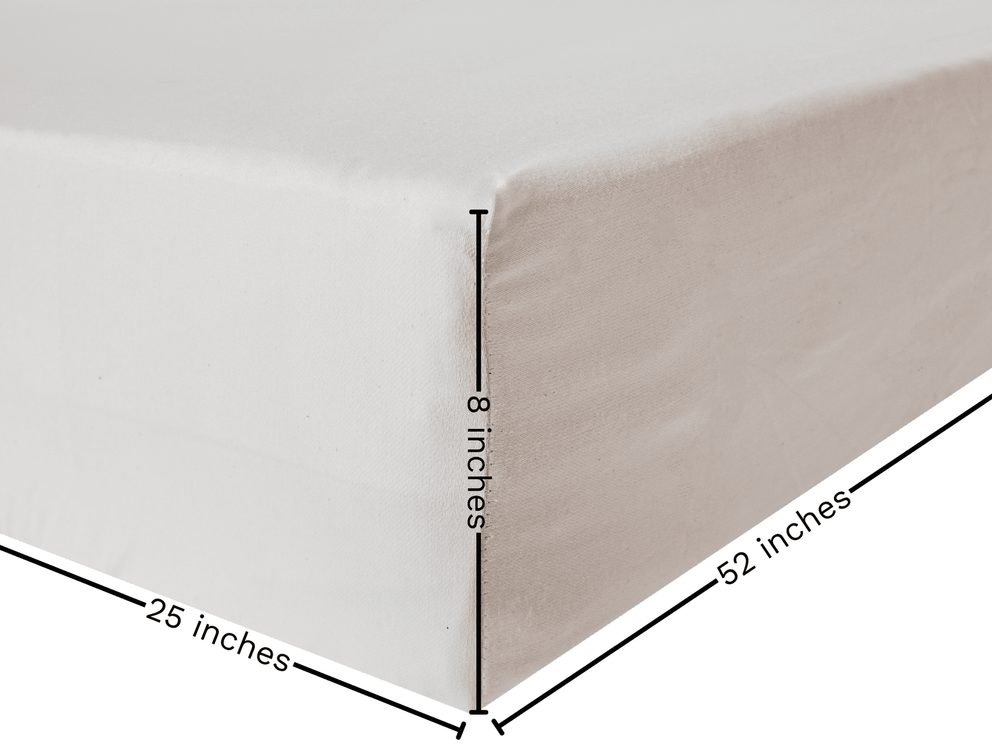 Measurement chart showing dimensions of a fitted organic crib sheet on a bed.