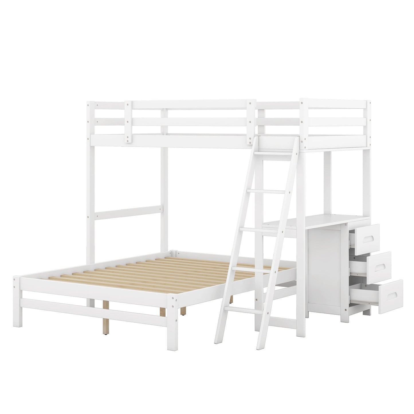 White twin over full bunk bed with wooden slats on a white background