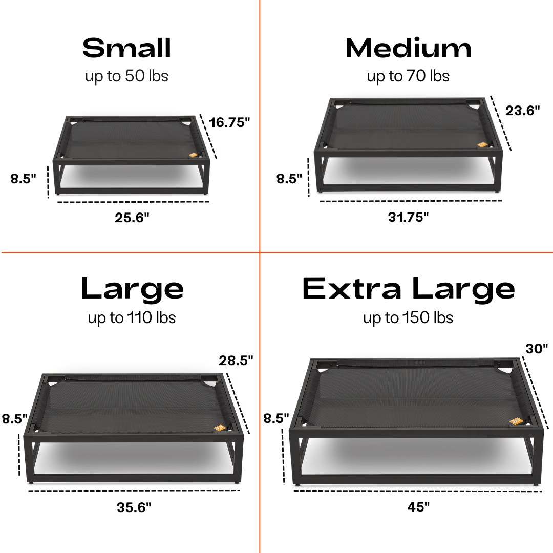 Size chart for pet beds with dimensions and weight capacity.