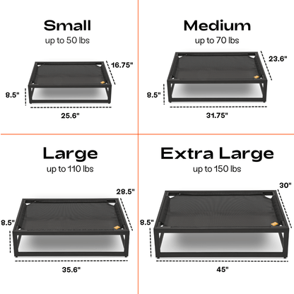 Size chart for pet beds with dimensions and weight capacity.