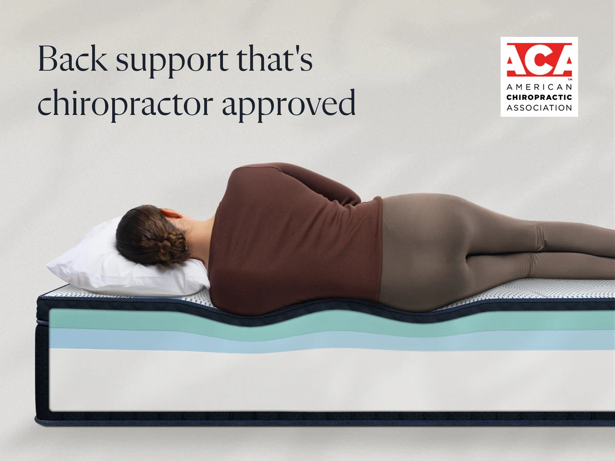 Person lying on a mattress with back support, labeled 'Back support that's chiropractor approved' and featuring the American Chiropractic Association logo.