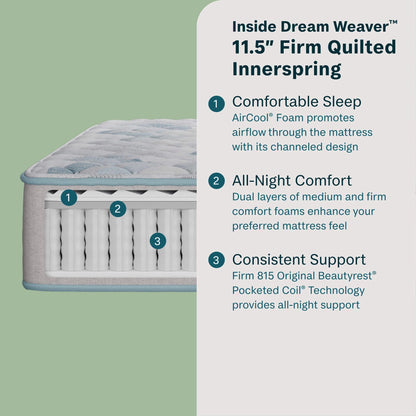 Mattress with text detailing features on a green background