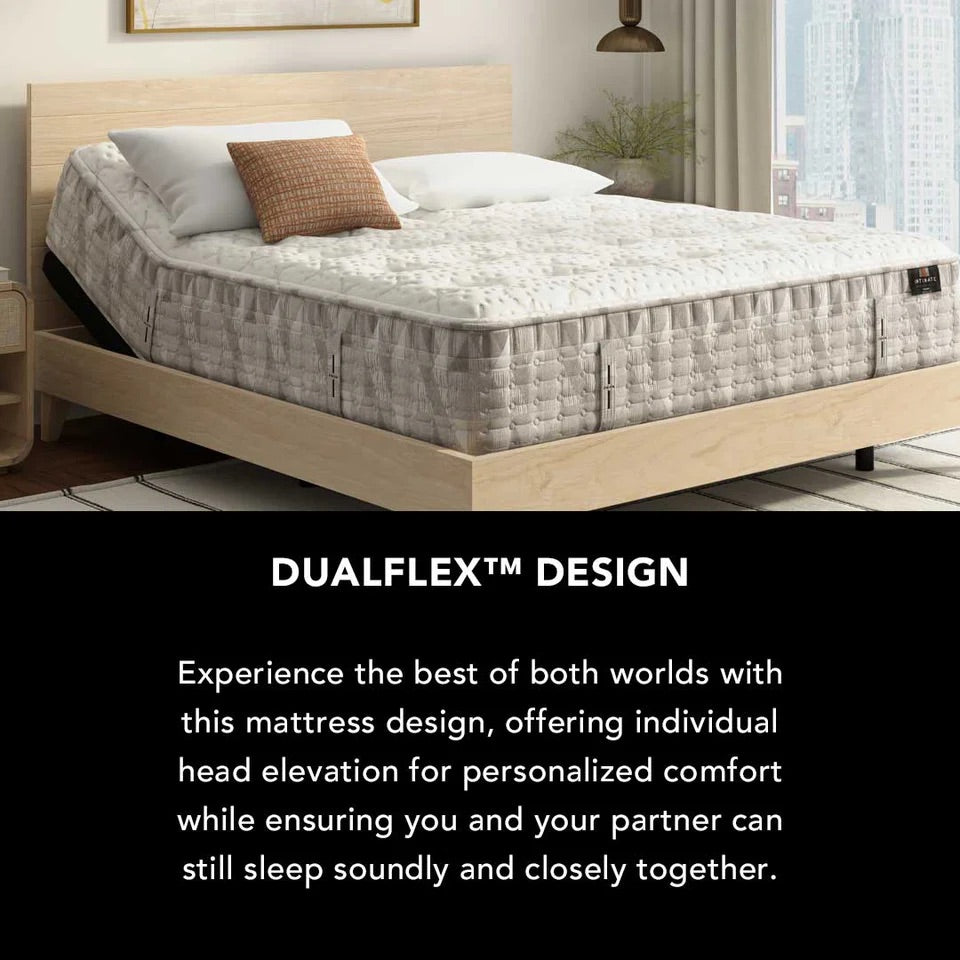 Mattress with dualflex design on a bed frame in a room with a city view.