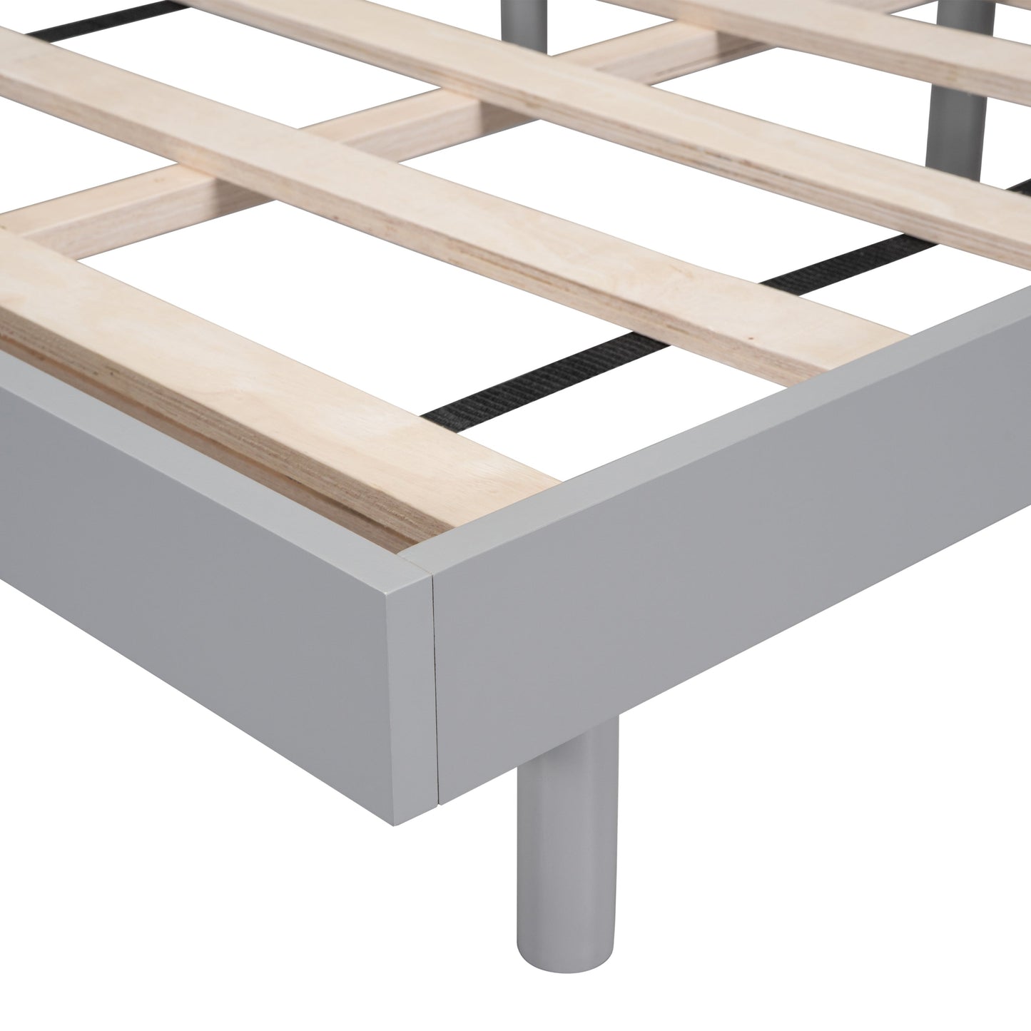 Gray bed frame with wooden slats on a white background