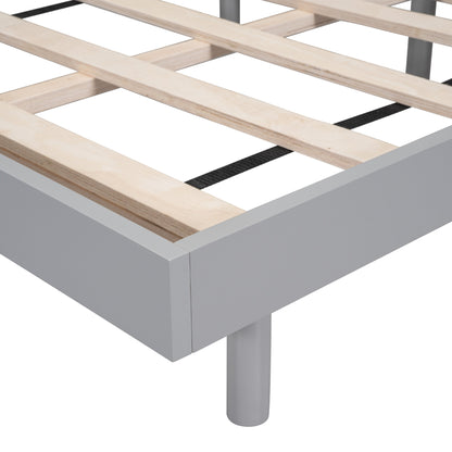 Gray bed frame with wooden slats on a white background