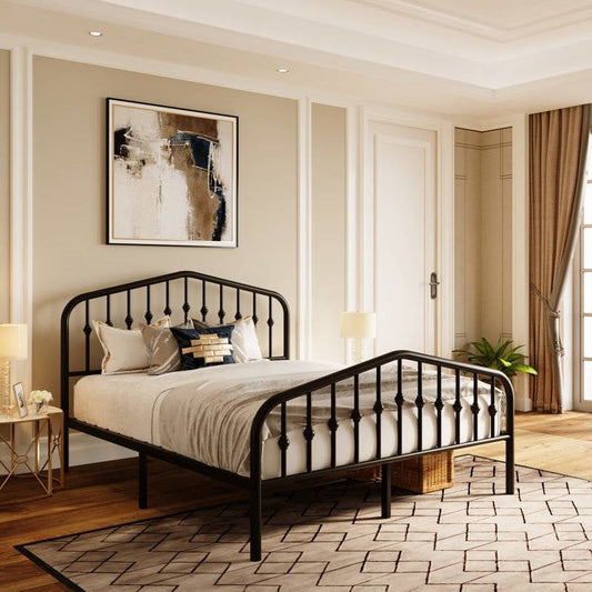 King size black metal bed with black metal headboard in a bedroom setting.