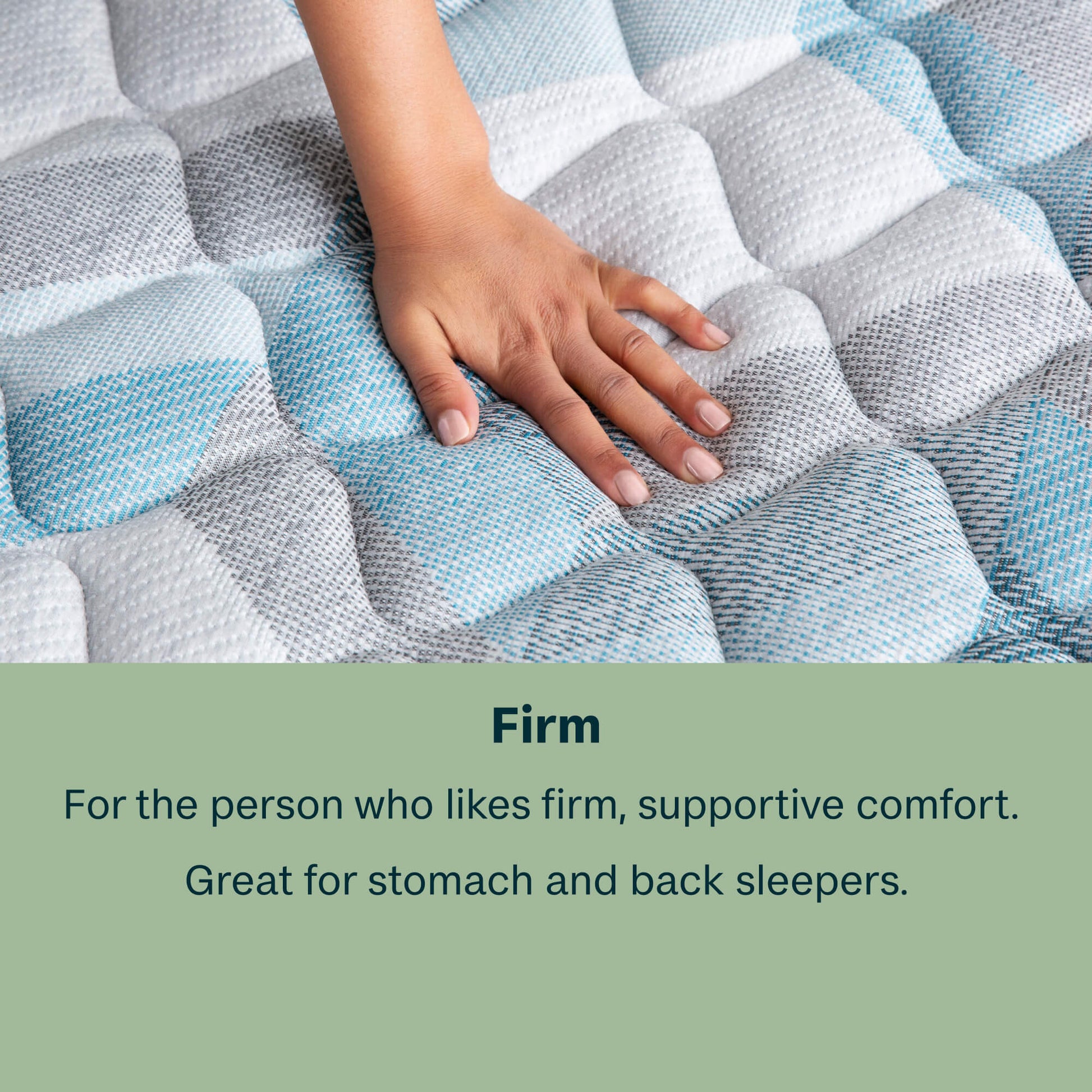 Hand on a textured mattress with a description of firm support for sleepers.