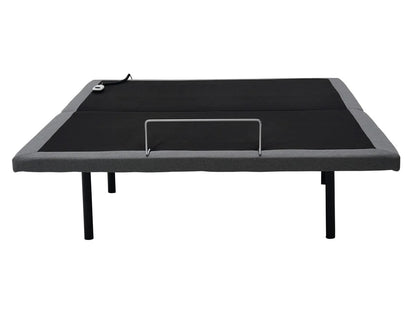 black adjustable base with wired remote and foot bar on white background