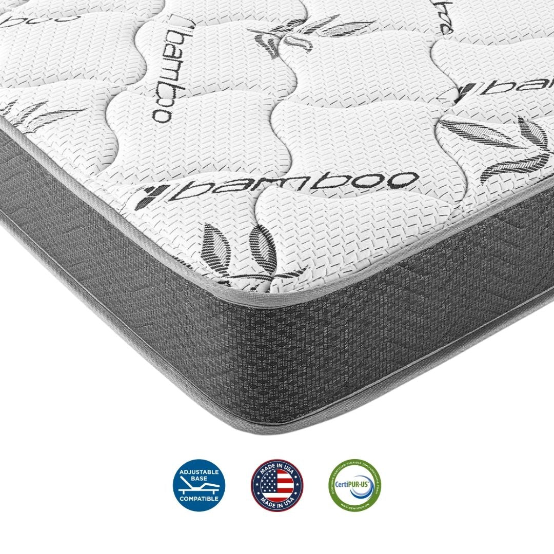 Mattress with bamboo branding and certification logos on a white background