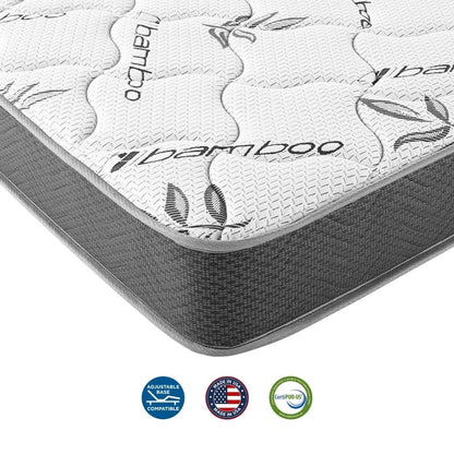 Mattress with bamboo branding and certification logos on a white background