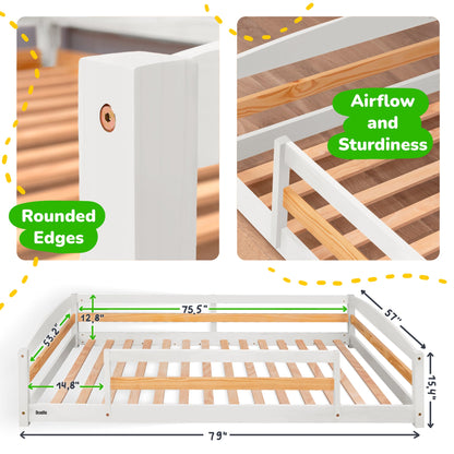 Wooden bed frame with rounded edges and airflow features, shown with measurements.