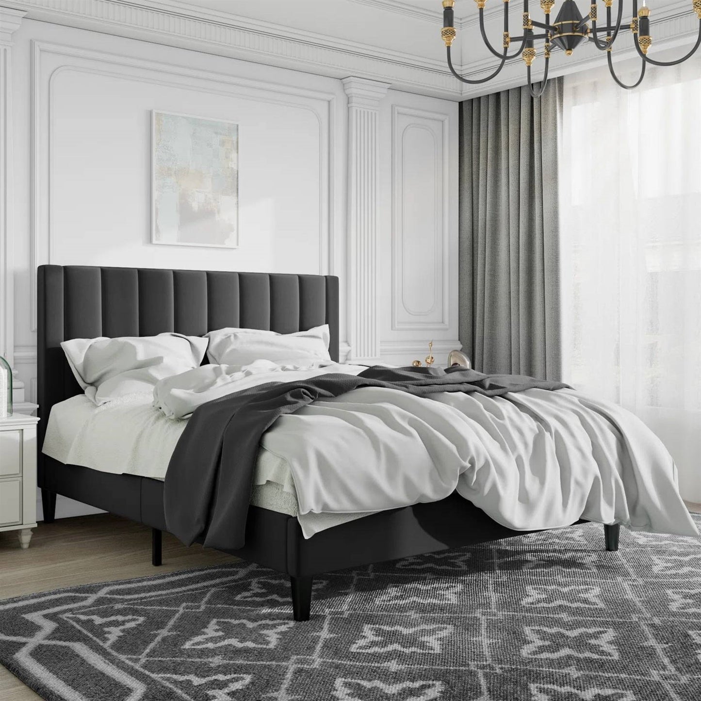 Black velvet full size upholstered platform bed frame in modern luxury bedroom.