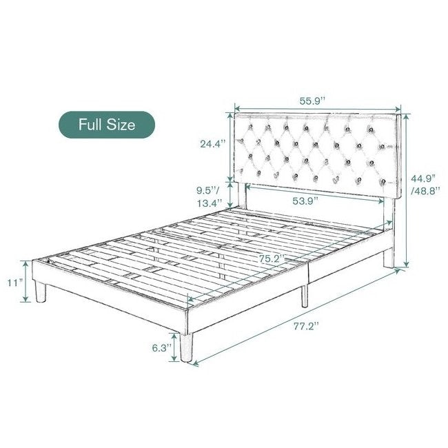 Full-size bed with dimensions labeled on a white background